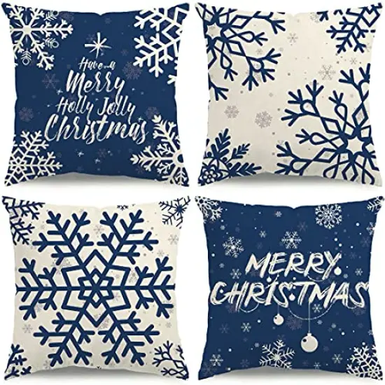 KISVODS Christmas Pillow Covers 18×18 Set of 4 Christmas Decorations Christmas Throw Pillow Covers Holiday Rustic Linen Christmas Pillow Case for Sofa Couch Blue Snowflake Pillow Covers {1}