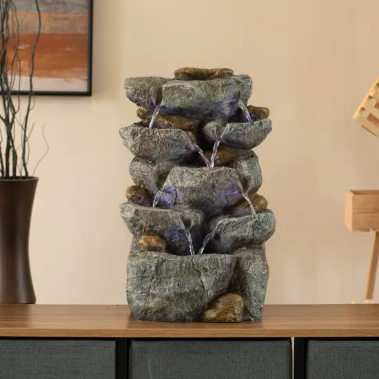 Cascading Electric Powered 8-Tier Rock Water Fountain 18.5" with LED Lights for Indoor and Outdoor Use {2}