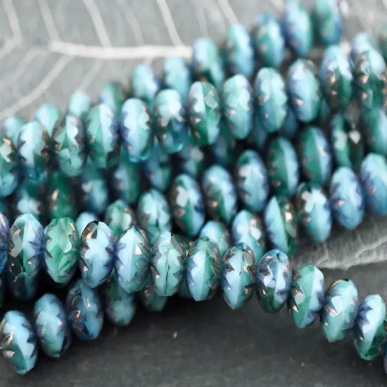 *15* 7x10mm Bronze Washed Blended Caribbean Turquoise Cruller Rondelle Beads {4}