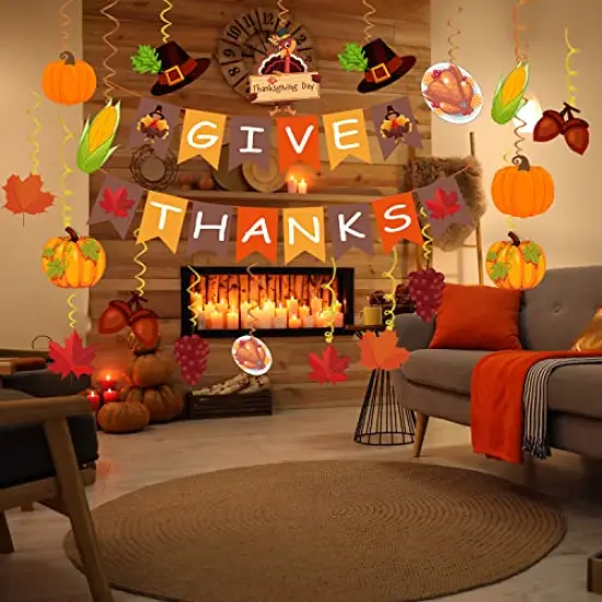 42 Pack Thanksgiving Decorations Pre-Assembled GIVE THANKS Banner Hanging Swirls for Indoor Outdoor Thanksgiving Decor Thanksgiving Decorations for Home {4}