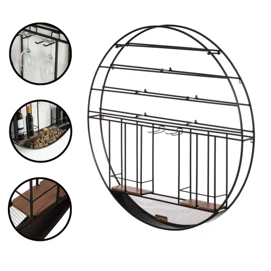 Vintage Decorative Modern Black Metal Round Wall Mounted Wine Display Rack {3}