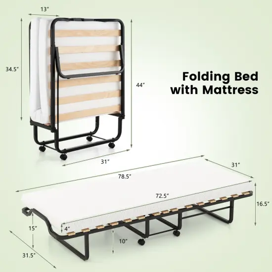 Twin Size Folding Bed with Foam Mattress and Lockable Wheels {5}