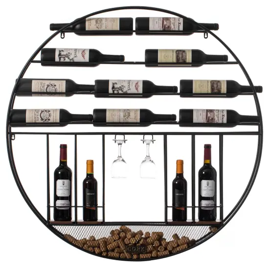 Vintage Decorative Modern Black Metal Round Wall Mounted Wine Display Rack {7}