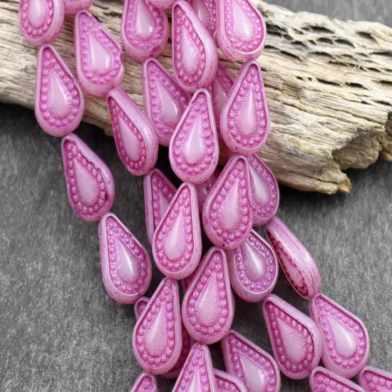 *10* 14x10mm Dark Pink Washed Pink Opaline Filigree Tear Drop Beads {2}