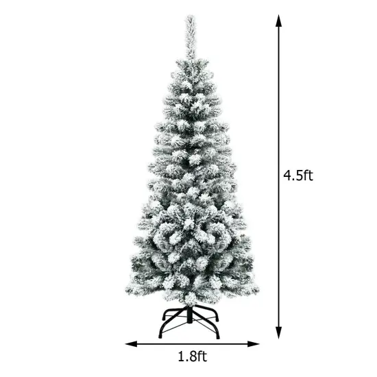 4.5 Feet Pre-Lit Snow Flocked Pencil Christmas Tree with 150 LED Light {4}