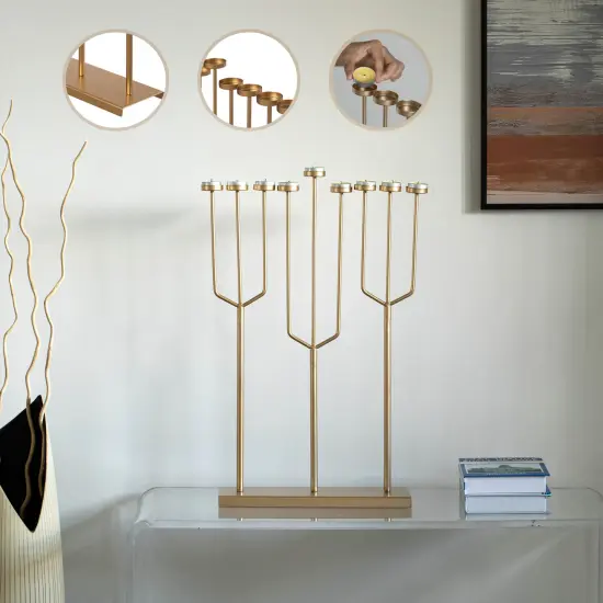 Modern Design Hanukkah Menorah Exceptional presentational piece, 9 Branch Tea Light Candle Holders Gold {3}