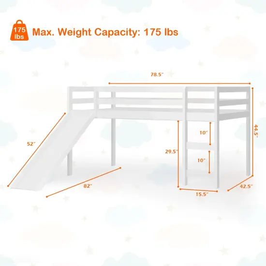 Twin Size Low Sturdy Loft Bed with Slide Wood White {4}