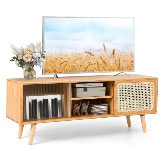 Modern TV Stand with Rattan Glass Sliding Doors-Natural {6}
