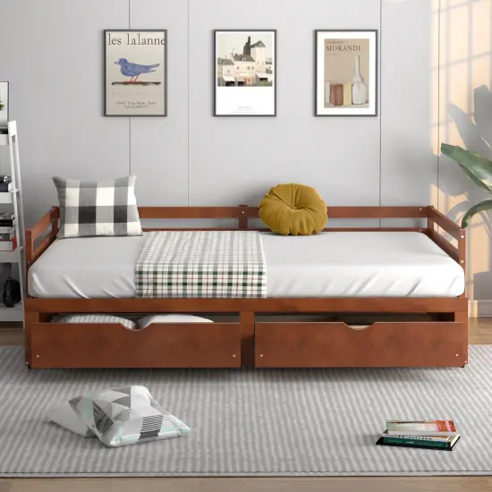 Wood Extendable Daybed with Storage Drawers and Slats Brown {2}