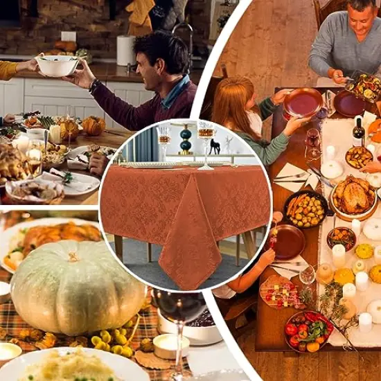Rectangle Tablecloth - 52 x 70 Inch Rust Cream Spill Wrinkle Proof Damask Table Cloth, Fall, Harvest, Thanksgiving Tablecloths, Soft Polyester Oblong Table Cover for Kitchen Parties {3}