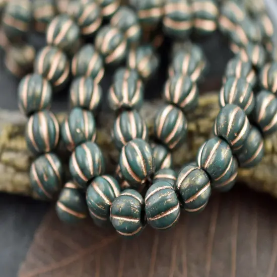 Gold Washed Bronzed Dark Blue Green Large Hole Melon Beads -- Choose Your Size {1}