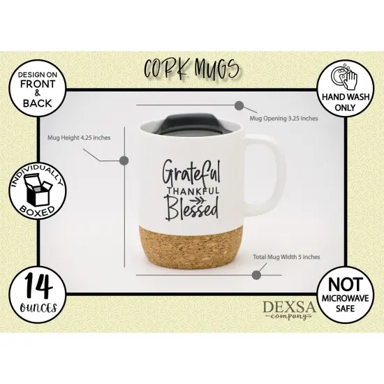 Dexsa Grateful Thankful Blessed Designer Cork Bottom Mug with Lid - 14 oz {5}