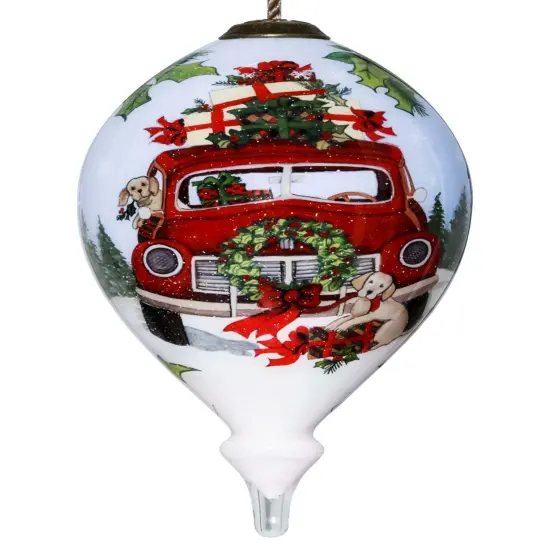 Christmas Wagon with Gifts Hand Painted Glass Hanging Ornament {1}