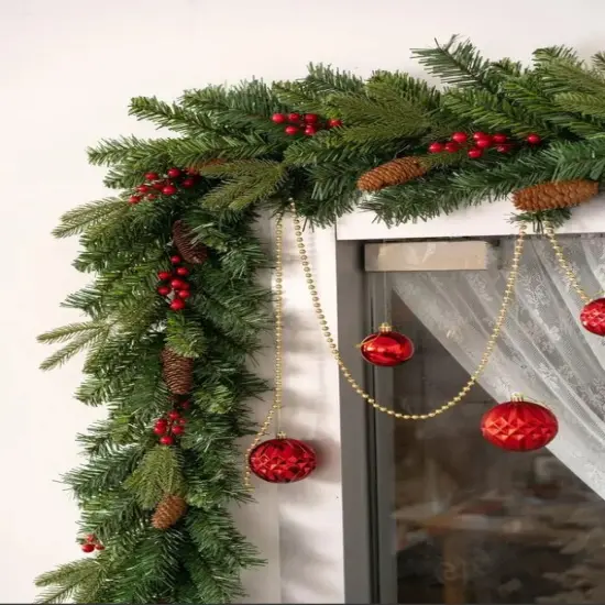 Extra-Thick 9ft Mixed Pine and Berry Garland - Adorned with Pinecones and Berries - Festive and Lifelike Holiday Decoration {1}