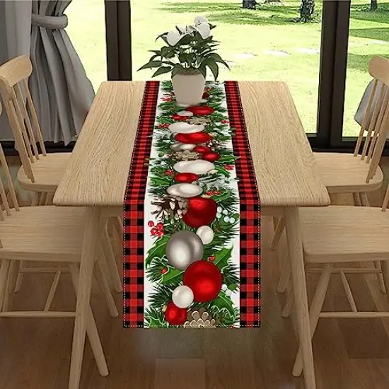 72 Inches Linen Red and Black Buffalo Check Plaid Christmas Table RunnerLong Seasonal Winter Christmas Xmas Holiday Farmhouse Style Table Decoration {6}