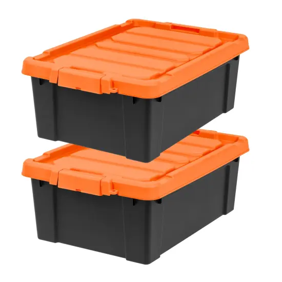 IRIS USA Heavy-Duty Plastic Storage Bins, Store-It-All Container Totes with Durable Lid and Secure Latching Buckles, Black/Orange {5}