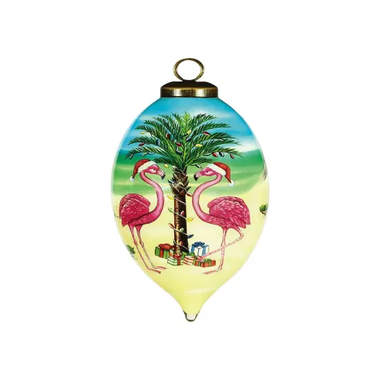 Christmas Flamingo Hand Painted Glass Hanging Ornament {1}