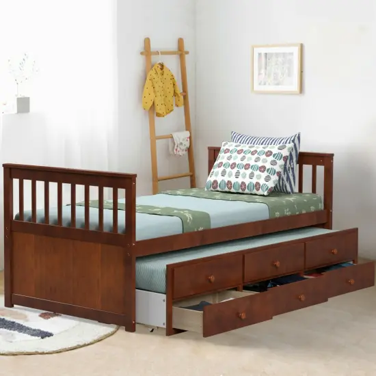 Pine Wood Twin Captain&rsquo;s Bed with Trundle and 3 Storage Drawers Walnut {2}