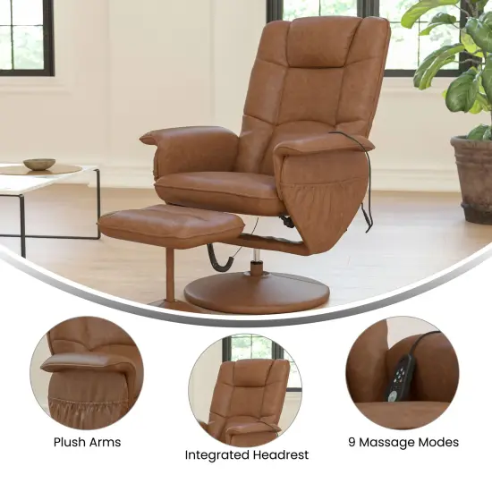 Emma and Oliver Massaging Multi-Position Recliner with Deep Side Pockets and Ottoman with Wrapped Base Brown {2}