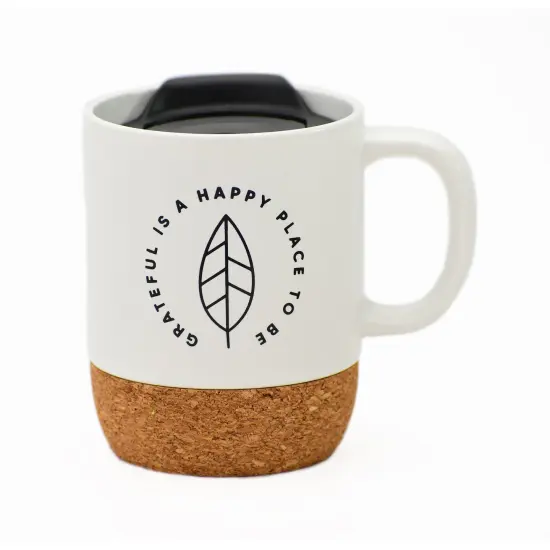 Dexsa Grateful Is A Happy Place Designer Cork Bottom Mug with Lid - 14 oz {1}
