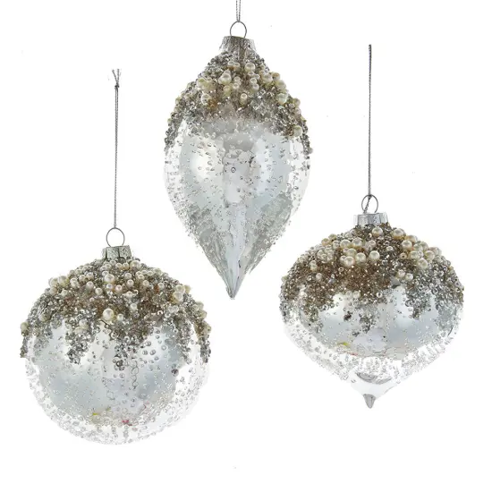 4" Glass Icy Silver Ball, Onion and Drop Ornaments, 3 Assorted {1}