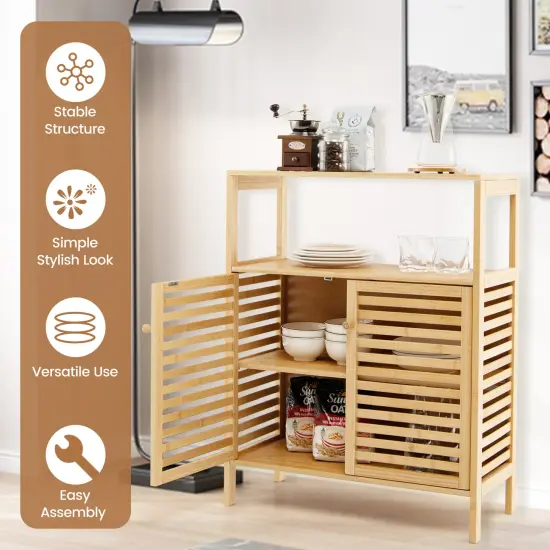 Bamboo Bathroom Floor Storage Cabinet with Shutter Doors-Natural {5}
