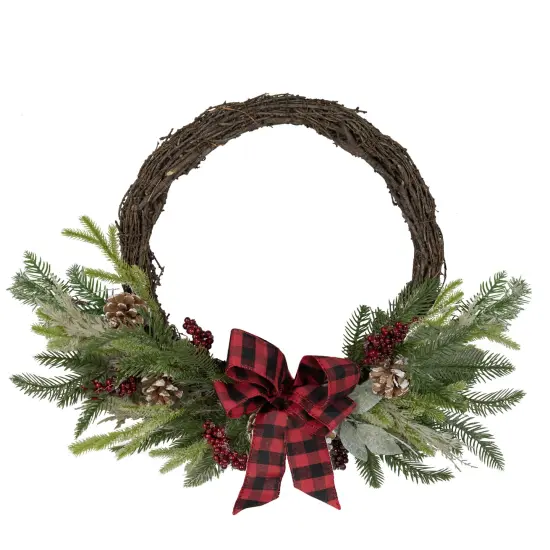 Northlight Icy Winter Foliage and Plaid Bow Artificial Christmas Twig Wreath, 23 inch, Unlit Brown {1}