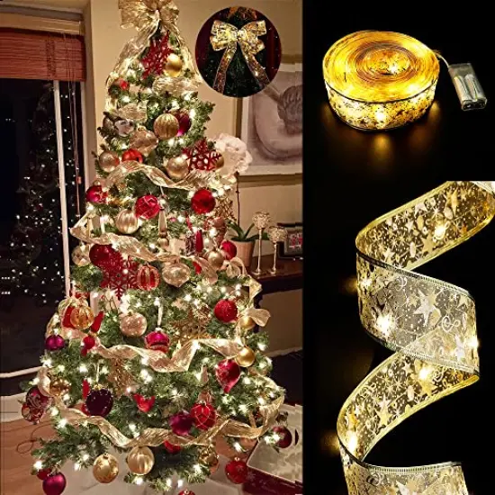 32ft (2x16ft) 100 LEDChristmas Tree Decorations Gold String Lights, Copper Wire Ribbon Bows Lights for Holiday Christmas Party Indoor Decorations (Gold Warm Light Battery Powered) {2}