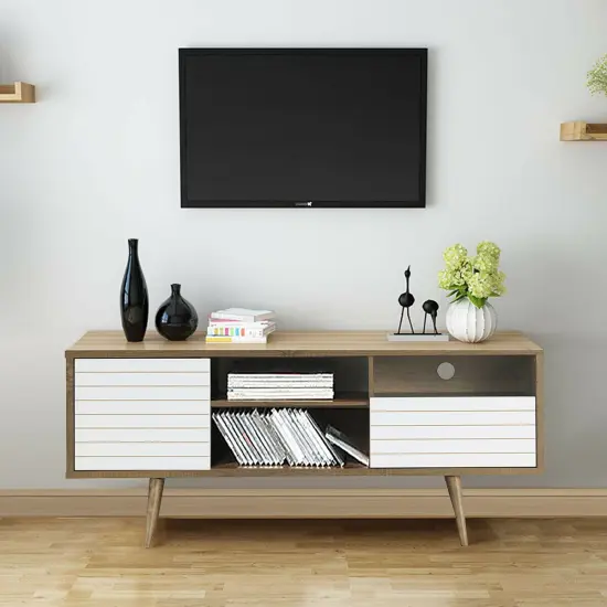 MDF Modern TV Stand, 65 inches Mid-Century, Storage Shelves and Safe Walnut & White {3}