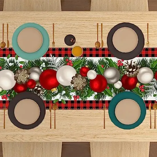 72 Inches Linen Red and Black Buffalo Check Plaid Christmas Table RunnerLong Seasonal Winter Christmas Xmas Holiday Farmhouse Style Table Decoration {1}