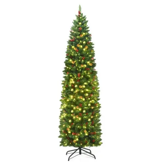 7.5 Feet Pre-lit Hinged Pencil Christmas Tree with Pine Cones Red Berries {1}