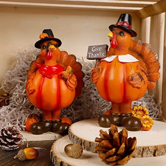 Standing Turkey Couple Thanksgiving Decorations, 2 Pack Resin Turkeys Give Thanks Autumn Fall Tabletop Decor Figurine Decorative Centerpieces Harvest Home Ornament {1}