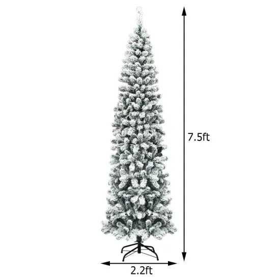 7.5 Feet Pre-lit Snow Flocked Artificial Pencil Christmas Tree with LED Lights {4}