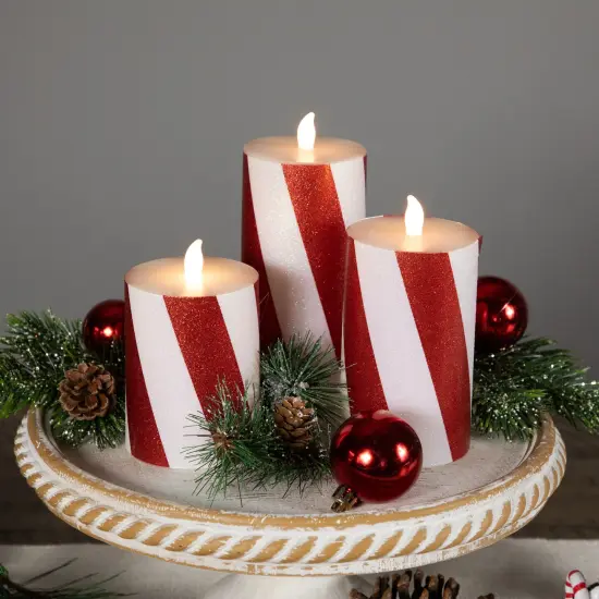 Northlight LED Flameless Flickering Candy Cane Wax Pillar Christmas Candles - 6" - Set of 3 Red {4}