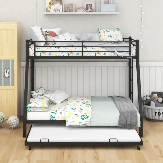 Twin Over Full Bunk Bed Frame with Trundle for Guest Room-Black {3}