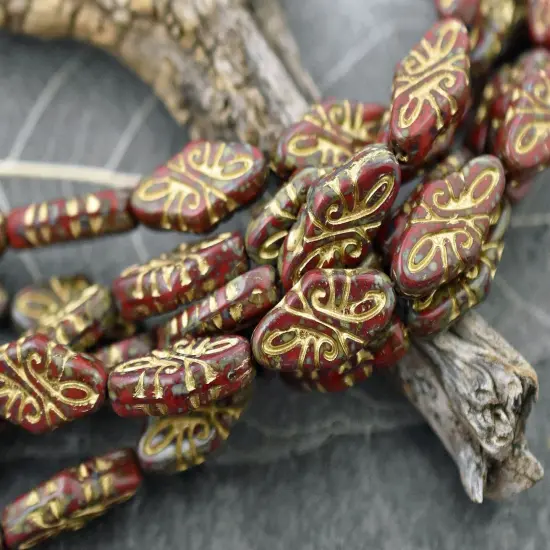 *9* 19x9mm Gold Washed Opaque Red Travertine Arabesque Beads {2}