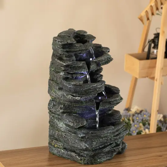 Cascading Electric Powered 5-Tier Rock Water Fountain 18" with LED Lights for Indoor and Outdoor Use {3}