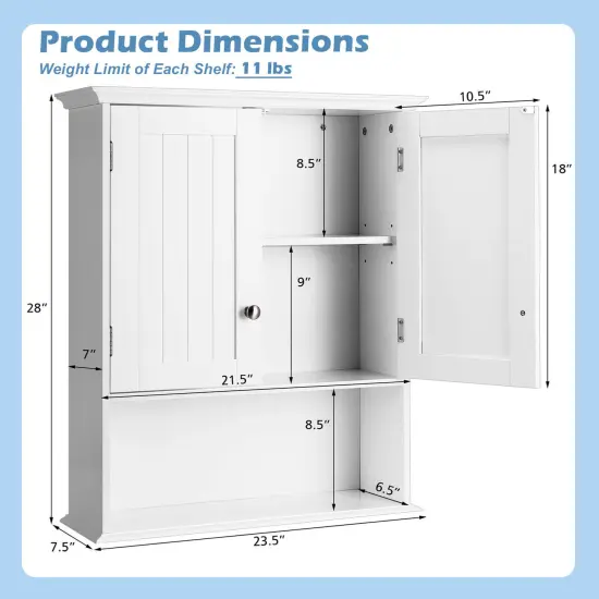 Wall Mount Bathroom Cabinet Storage Organizer with Doors and Shelves-White {4}