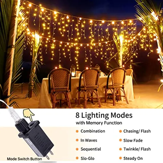 Icicle Lights Christmas Lights Outdoor 49.2Ft 440 LED Extendable Dripping Lights 8 Mode Warm White Icecycle String Lights Cascade for Indoor Outside Xmas Holiday House Decor, Clear Wire {5}