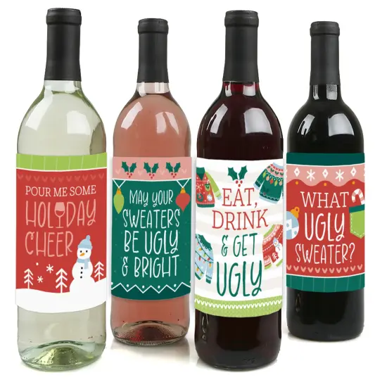 Big Dot of Happiness Colorful Christmas Sweaters - Ugly Sweater Holiday Party Decorations for Women and Men - Wine Bottle Label Stickers - Set of 4 {1}