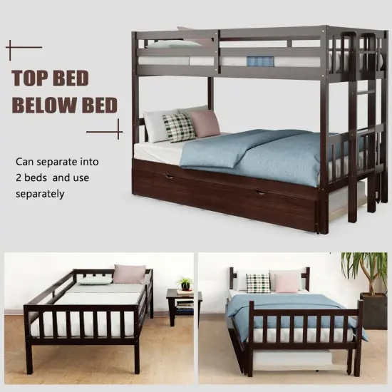 Dark Brown White Wood 4-in-1 Convertible Bunk Bed with Trundle and Ladder Espresso {5}