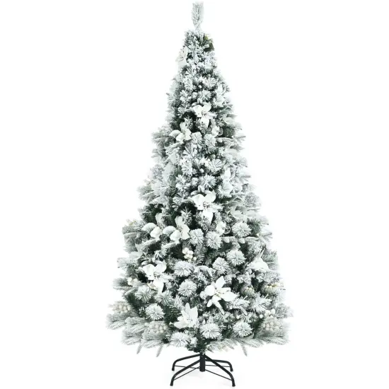 6 Feet Snow Flocked Hinged Christmas Tree with Berries and Poinsettia Flowers {1}