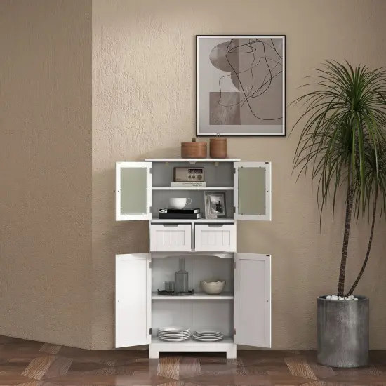 6-Tier Freestanding Bathroom Cabinet with 2 Open Compartments and Adjustable Shelves-White {3}