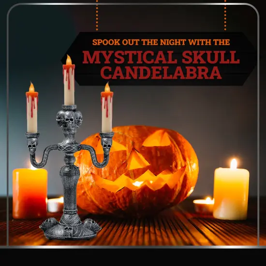Skeleteen Haunted Halloween Candelabra Prop - LED Light up Skull Indoor Spooky Candelabra Candlesticks Holder Home Decoration for Halloween {3}