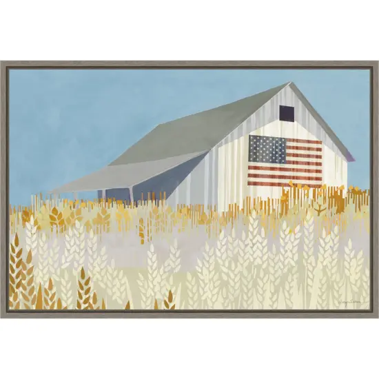 Wheat Fields Barn with American Flag by Avery Tillmon Canvas Art Framed {1}