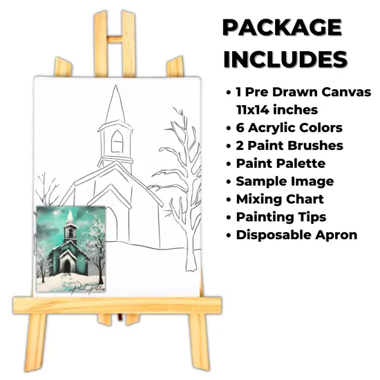 "Winter Church" DIY Canvas Art Kit, Adult Beginner, Acrylic Paint Size 11x14 inch {2}