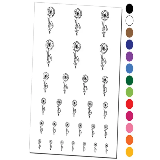 Hand Drawn Poppy Flower Temporary Tattoo Water Resistant Fake Body Art Set Collection Orange {1}