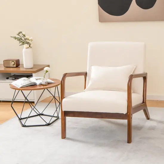 Modern Accent Chair with Rubber Wood Frame and Lumbar Pillow Beige {5}