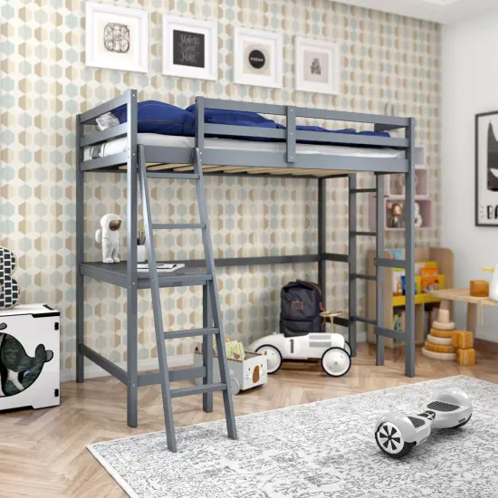 Twin Size Pine Wood Loft Bed with Desk, Guardrail, Dual Ladders Grey {6}