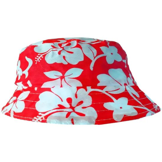 Red White Luau Hawaiian Flowers Power Hippy Costume Hibiscus Bucket Hat {1}